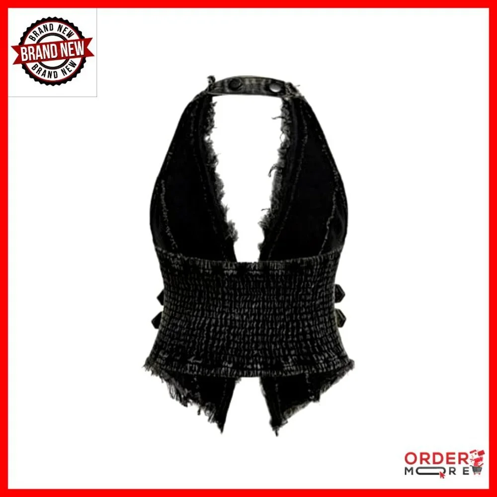 Denim Halter Top Frayed Edge Buckle Backless Punk Grunge Festival Crop - Picture 2 of 5